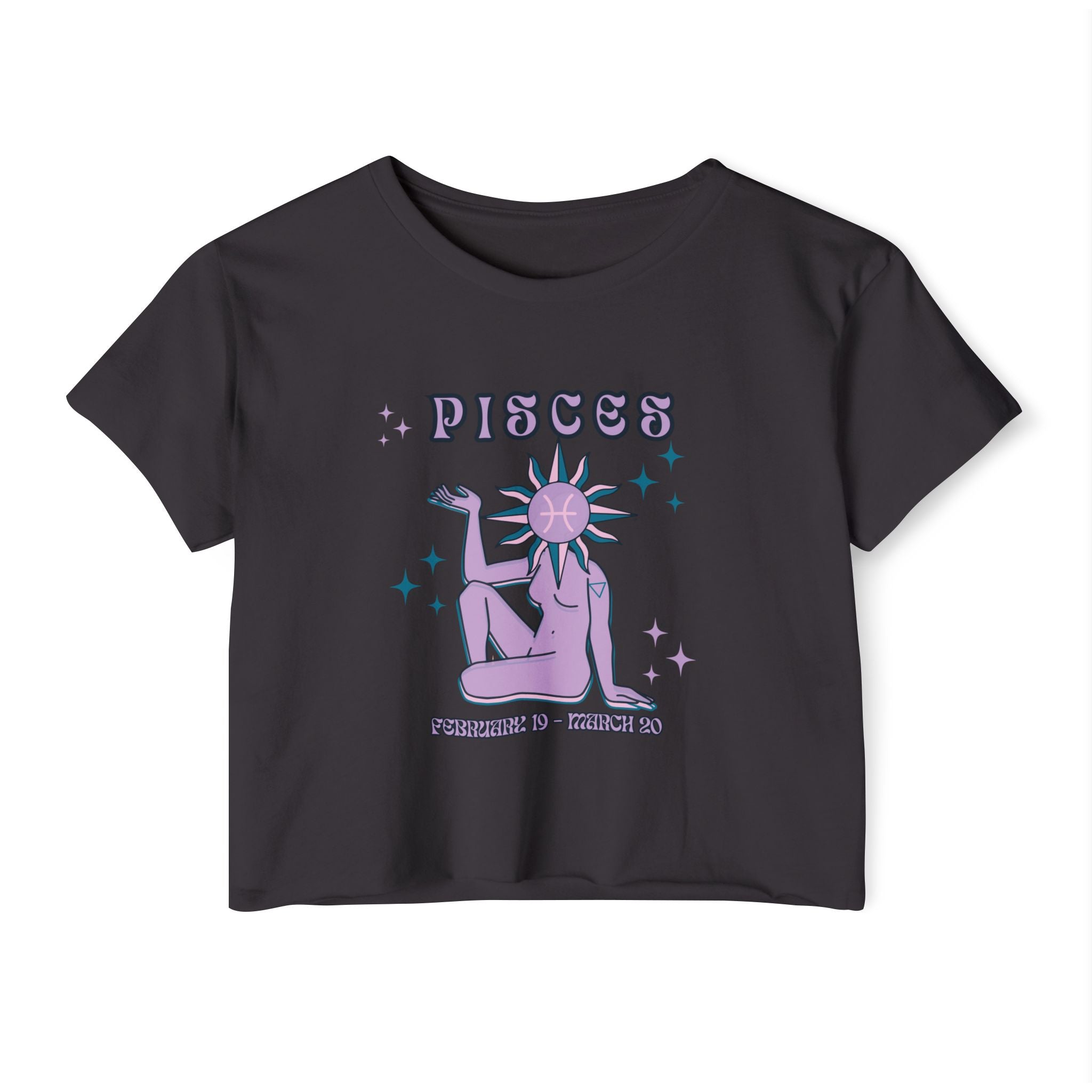 Pisces Festival Crop Top — Retro Astrological Sun & Moon Graphic
