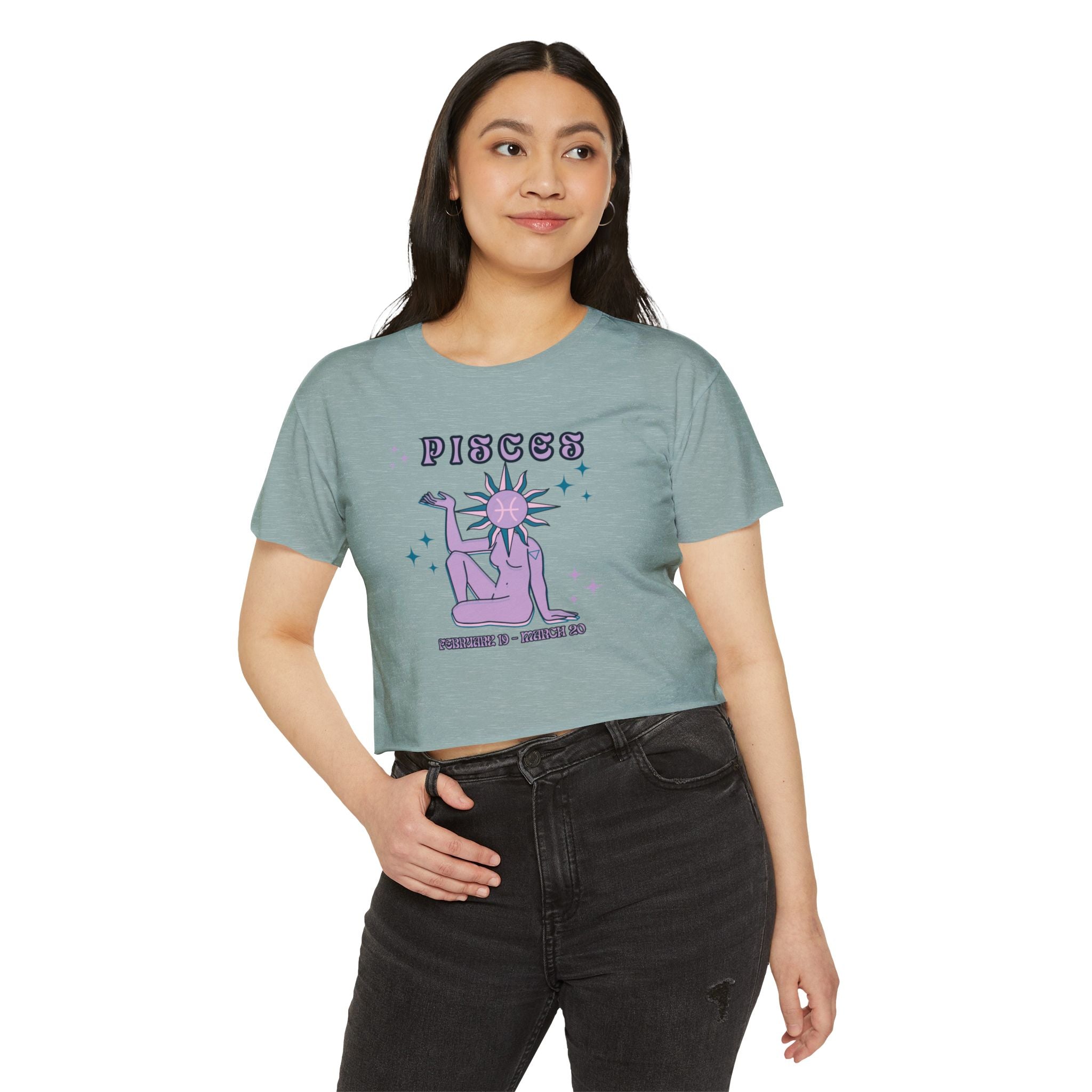 Pisces Festival Crop Top — Retro Astrological Sun & Moon Graphic